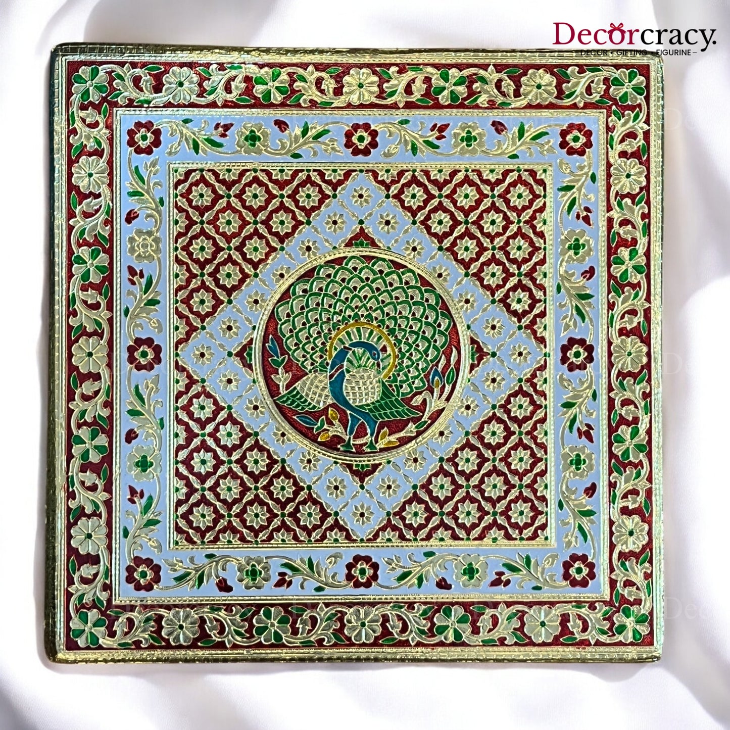 Pooja Chowki Patla Golden Meenakari Peacock Plain Bajot Stool 18"