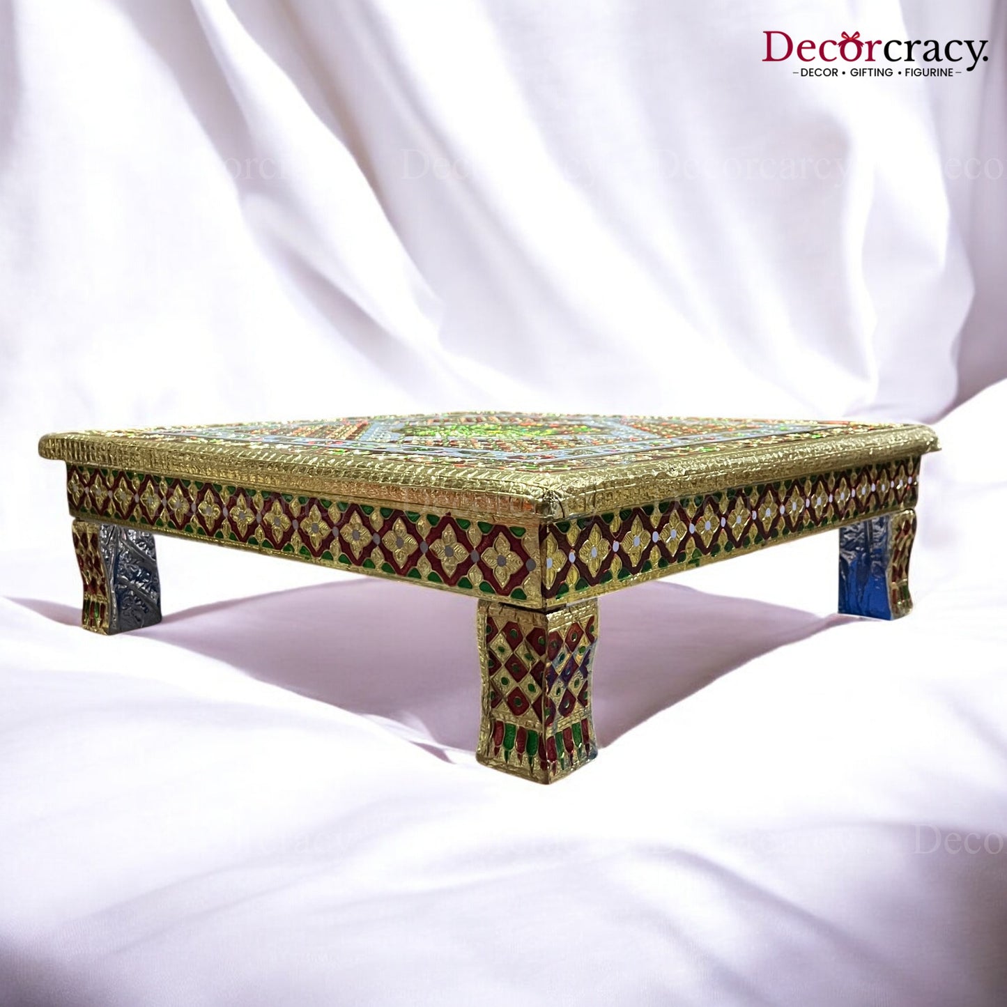 Pooja Chowki Patla Golden Meenakari Peacock Plain Bajot Stool 18"