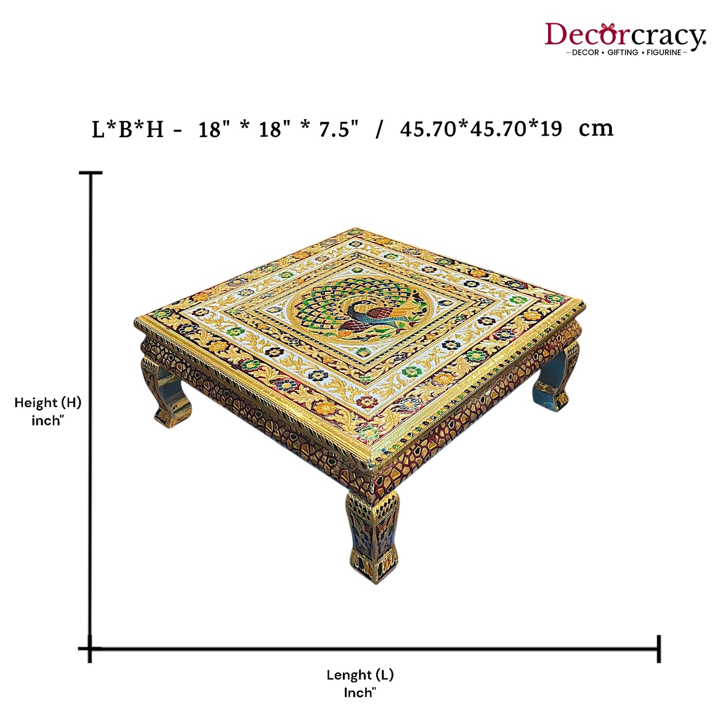 Pooja Chowki Patla Golden Meenakari Peacock Curve Bajot Stool 18"