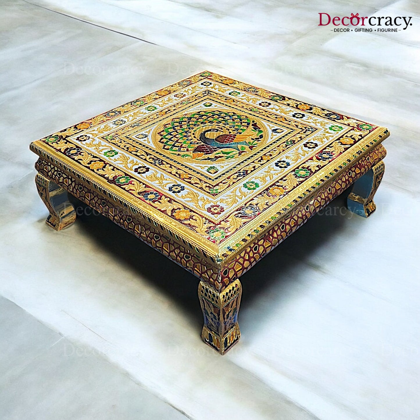 Pooja Chowki Patla Golden Meenakari Peacock Curve Bajot Stool 18"