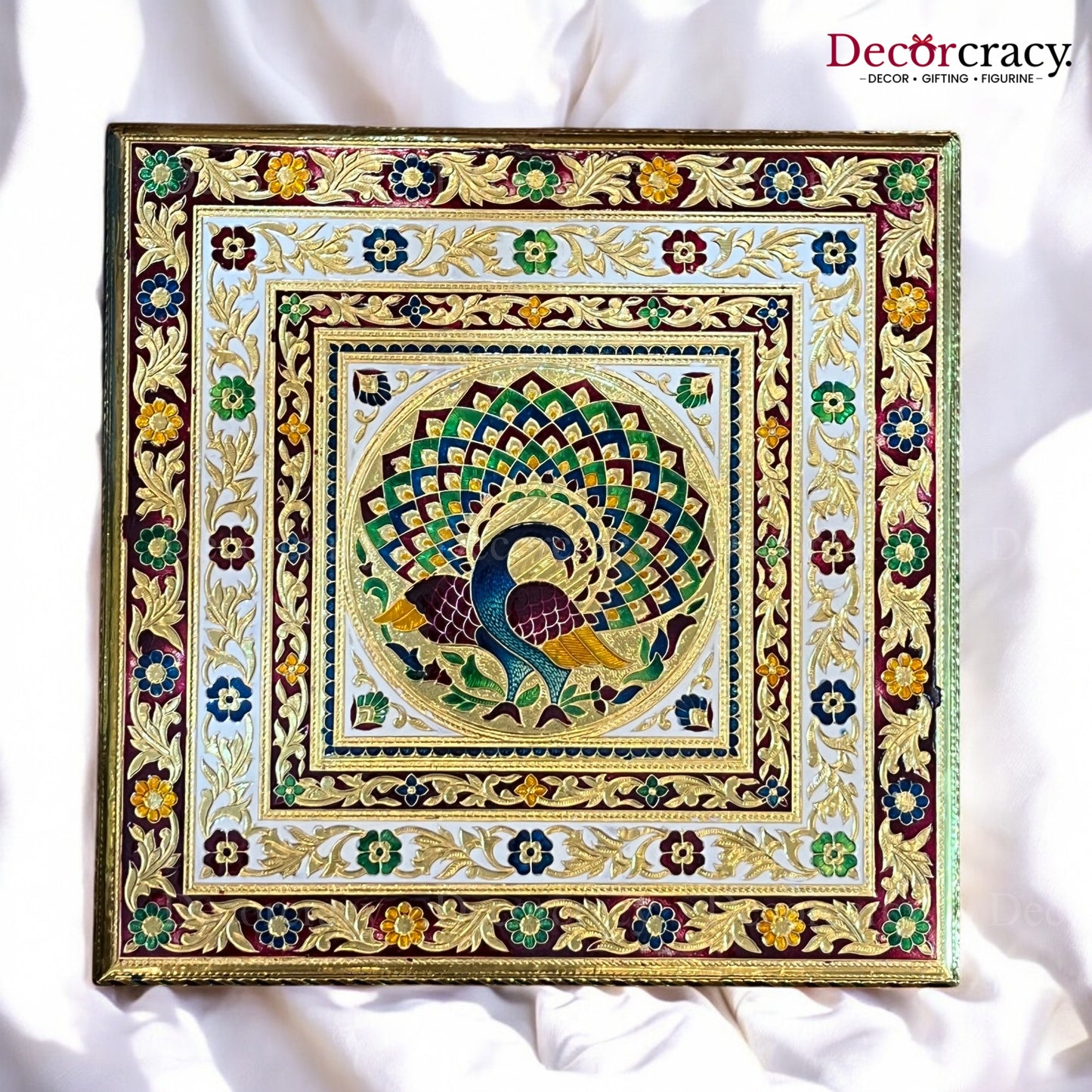 Pooja Chowki Patla Golden Meenakari Peacock Curve Bajot Stool 18"