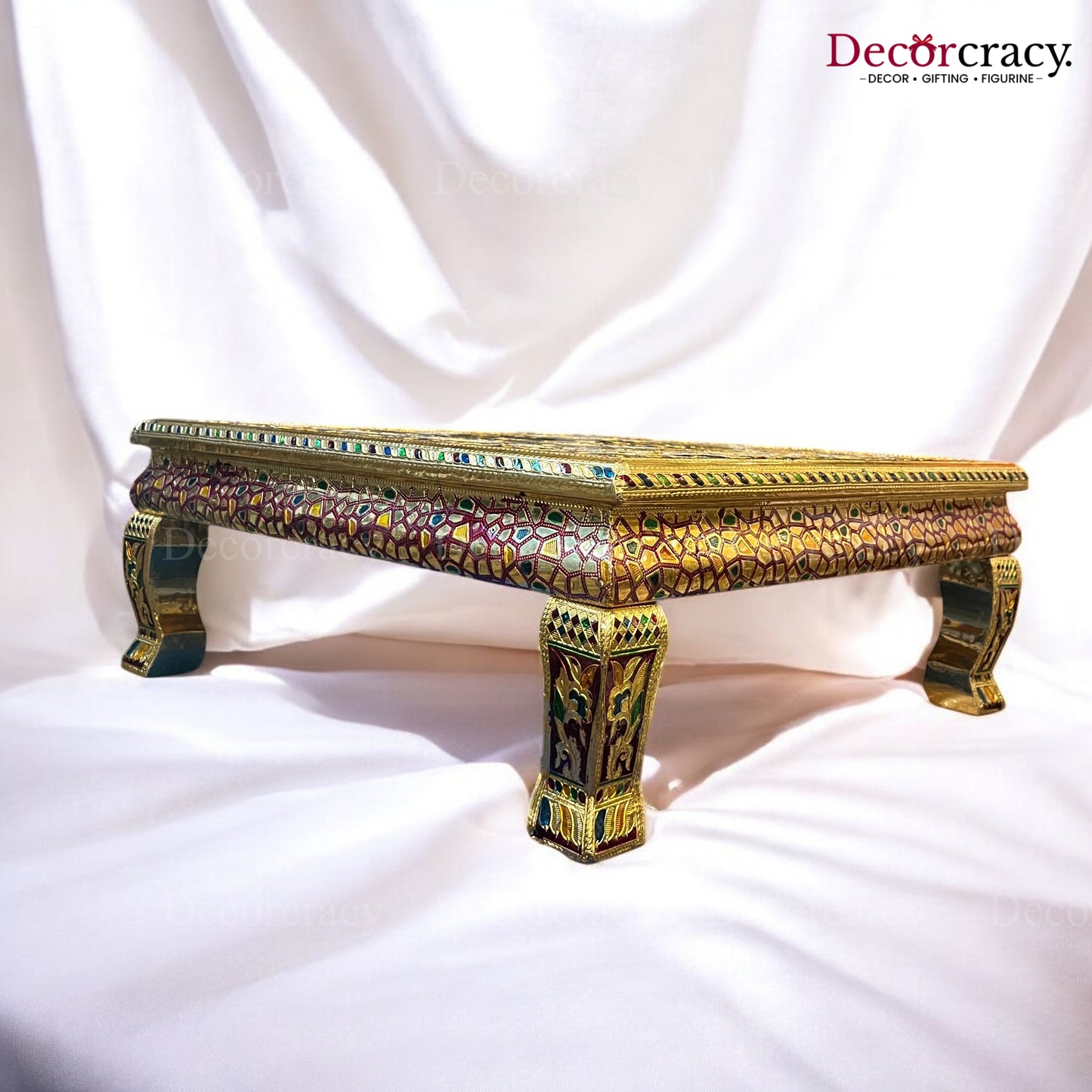 Pooja Chowki Patla Golden Meenakari Peacock Curve Bajot Stool 18"