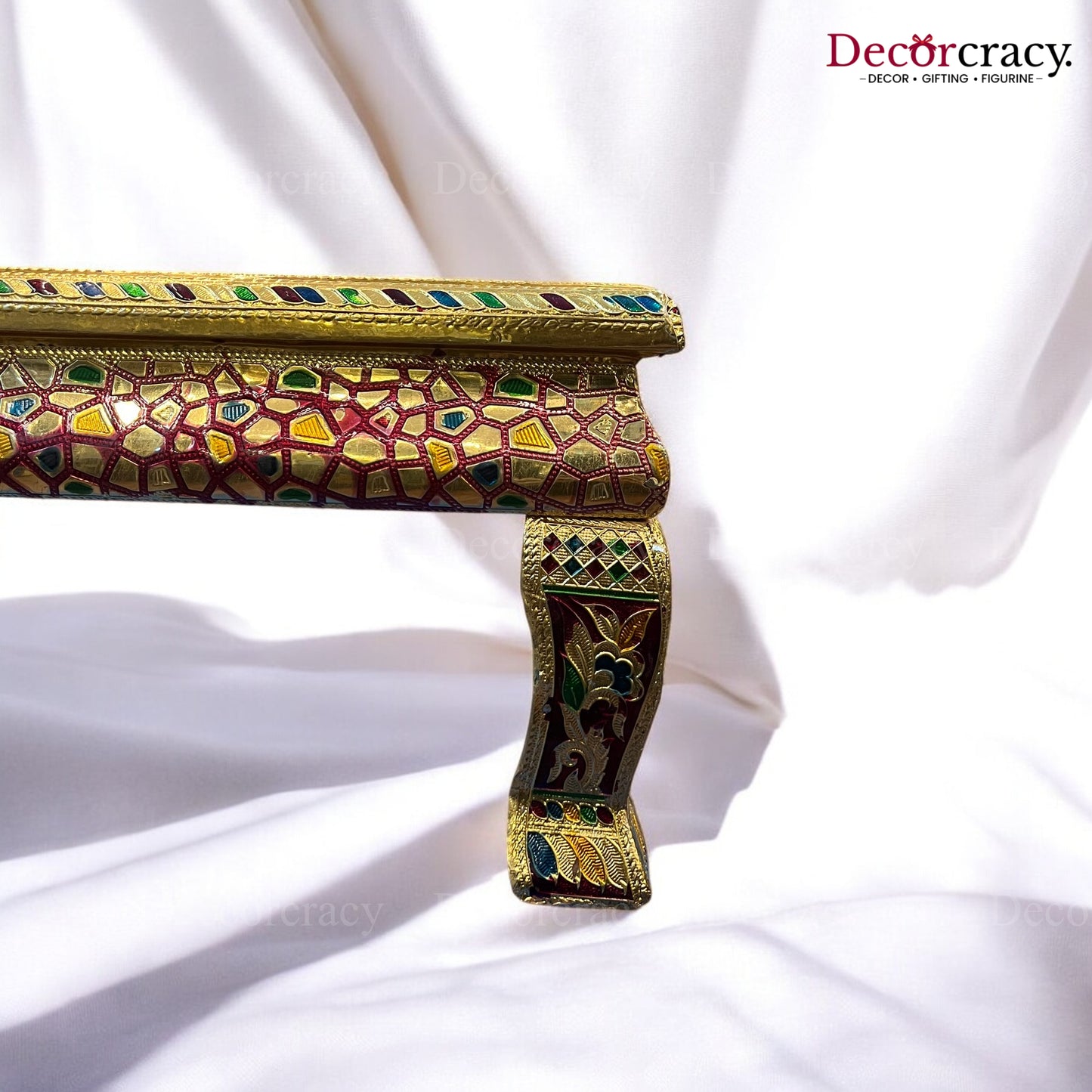 Pooja Chowki Patla Golden Meenakari Peacock Curve Bajot Stool 18"