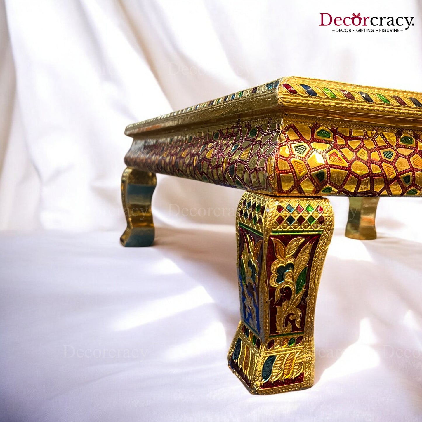 Pooja Chowki Patla Golden Meenakari Peacock Curve Bajot Stool 18"