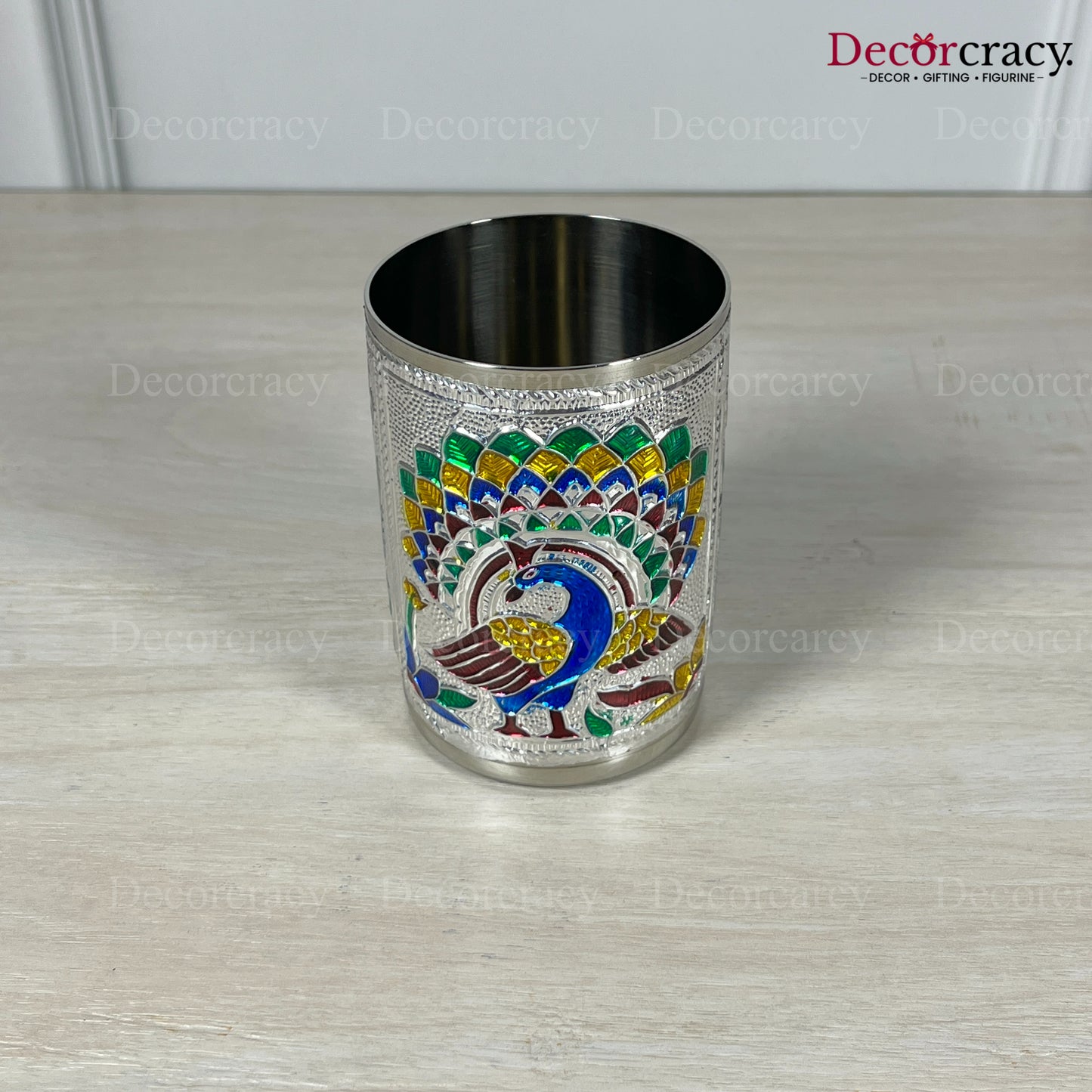 Glass Meenakari Stainless Steel Peacock Design Silver Utensil