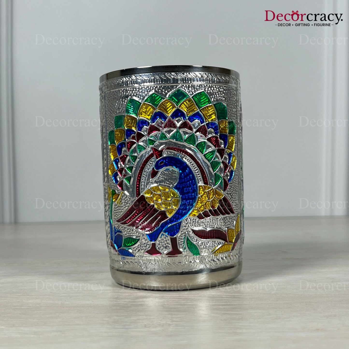 Glass Meenakari Stainless Steel Peacock Design Silver Utensil