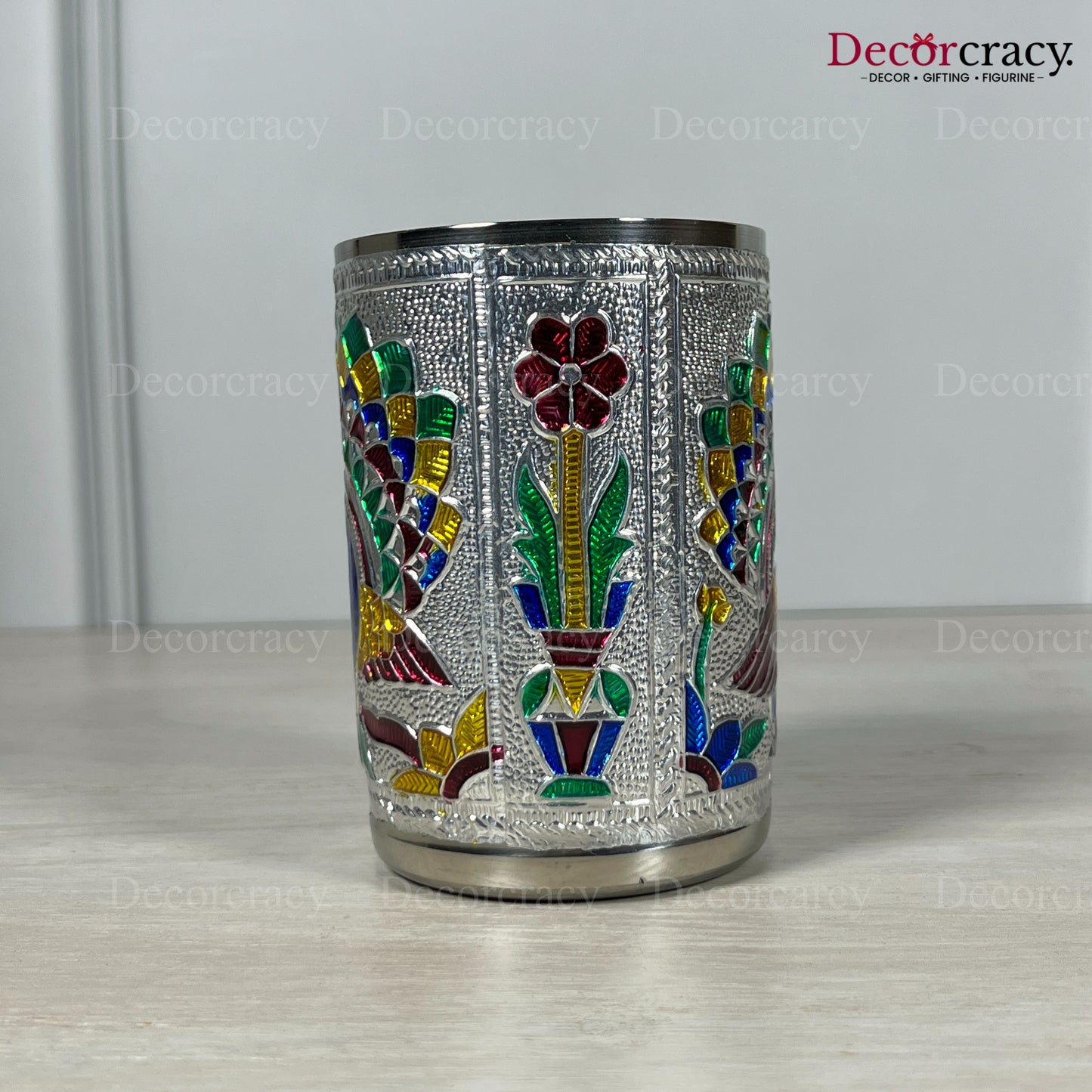 Glass Meenakari Stainless Steel Peacock Design Silver Utensil