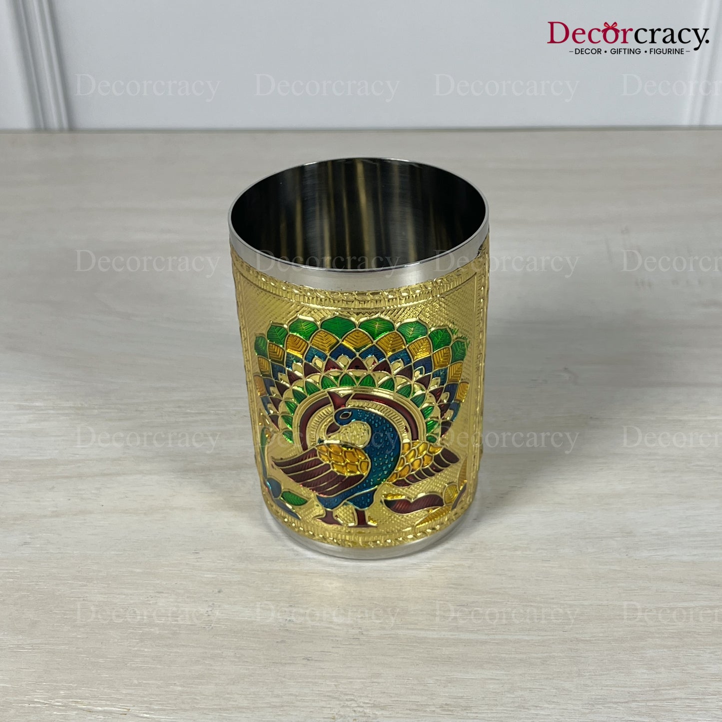 Glass Meenakari Stainless Steel Peacock Design Golden Utensil