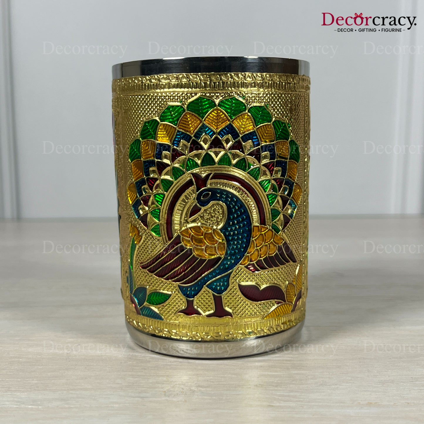 Glass Meenakari Stainless Steel Peacock Design Golden Utensil