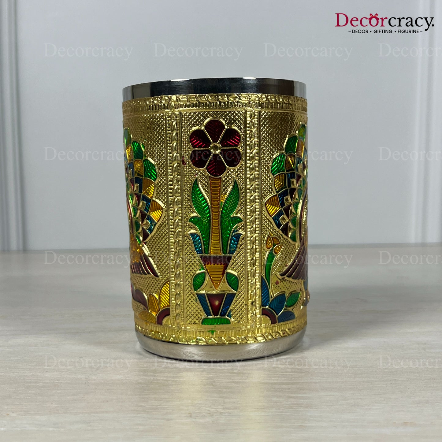 Glass Meenakari Stainless Steel Peacock Design Golden Utensil