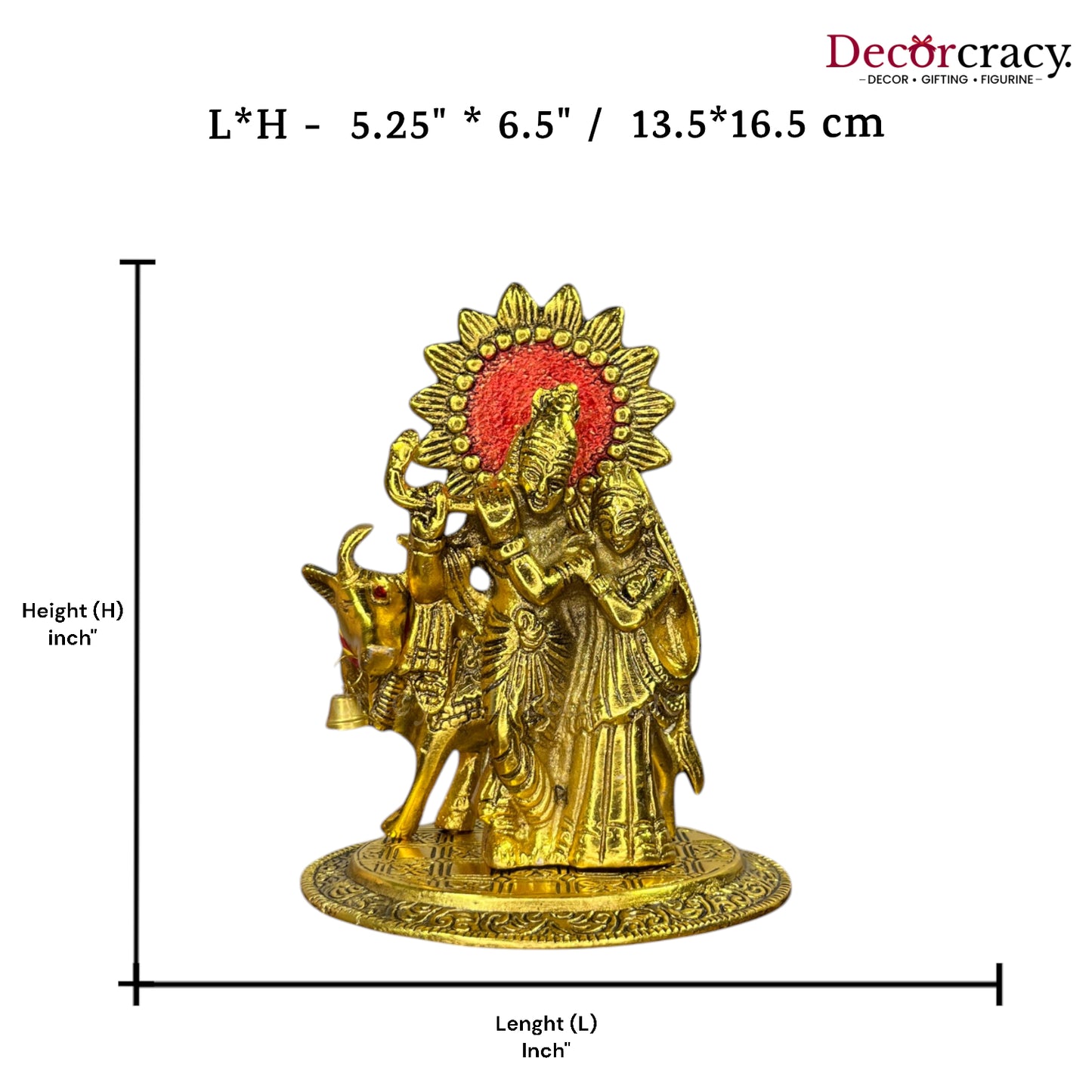 Shree Radha Krishna Cow with Bansuri Halo Metal golden