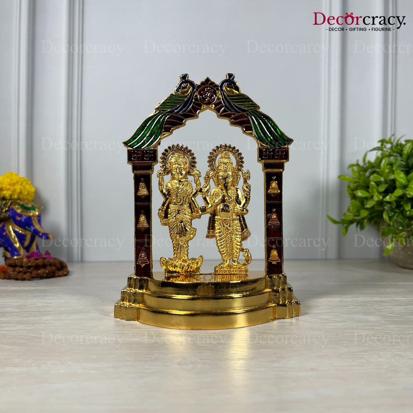 Shree Lakshmi Ganesh Peacock Mehraab Golden Metal God SP Idol