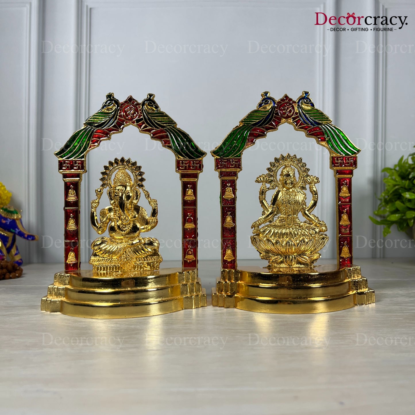 Shree Lakshmi Ganesh Peacock Mehraab Golden Metal God SP Idol