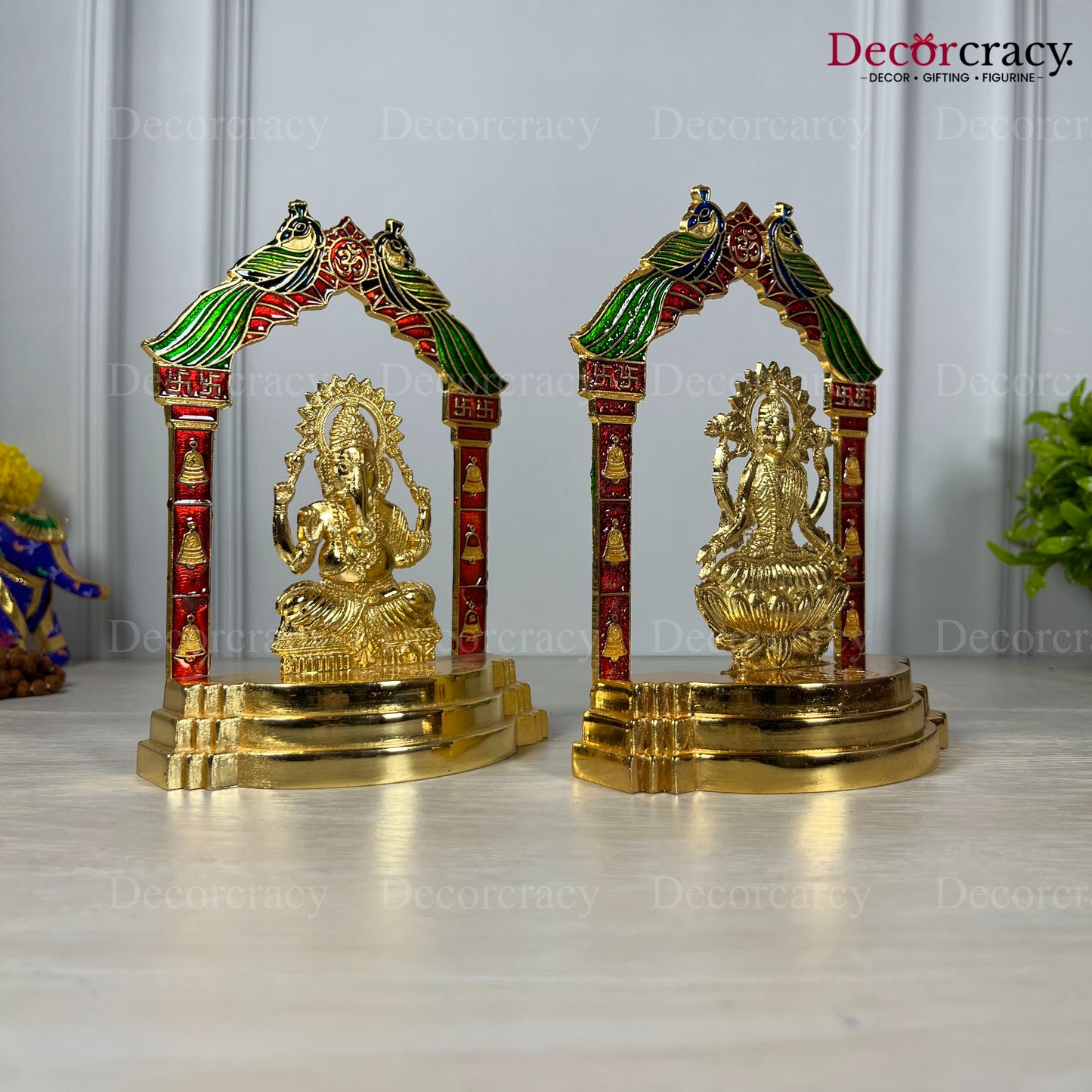 Shree Lakshmi Ganesh Peacock Mehraab Golden Metal God SP Idol