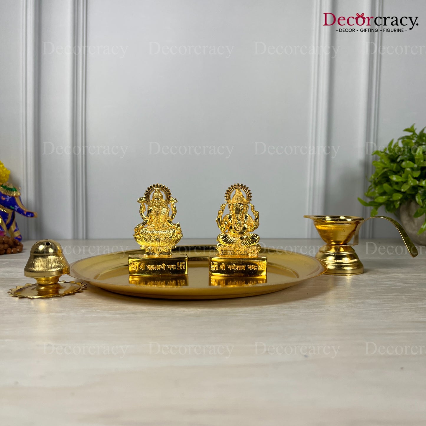 Shree Lakshmi Ganesh Pooja Thali with Diya Deepak Agarbatti Stand Metal Golden SP