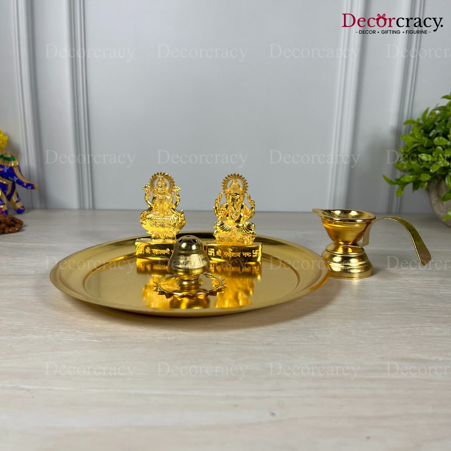 Shree Lakshmi Ganesh Pooja Thali with Diya Deepak Agarbatti Stand Metal Golden SP