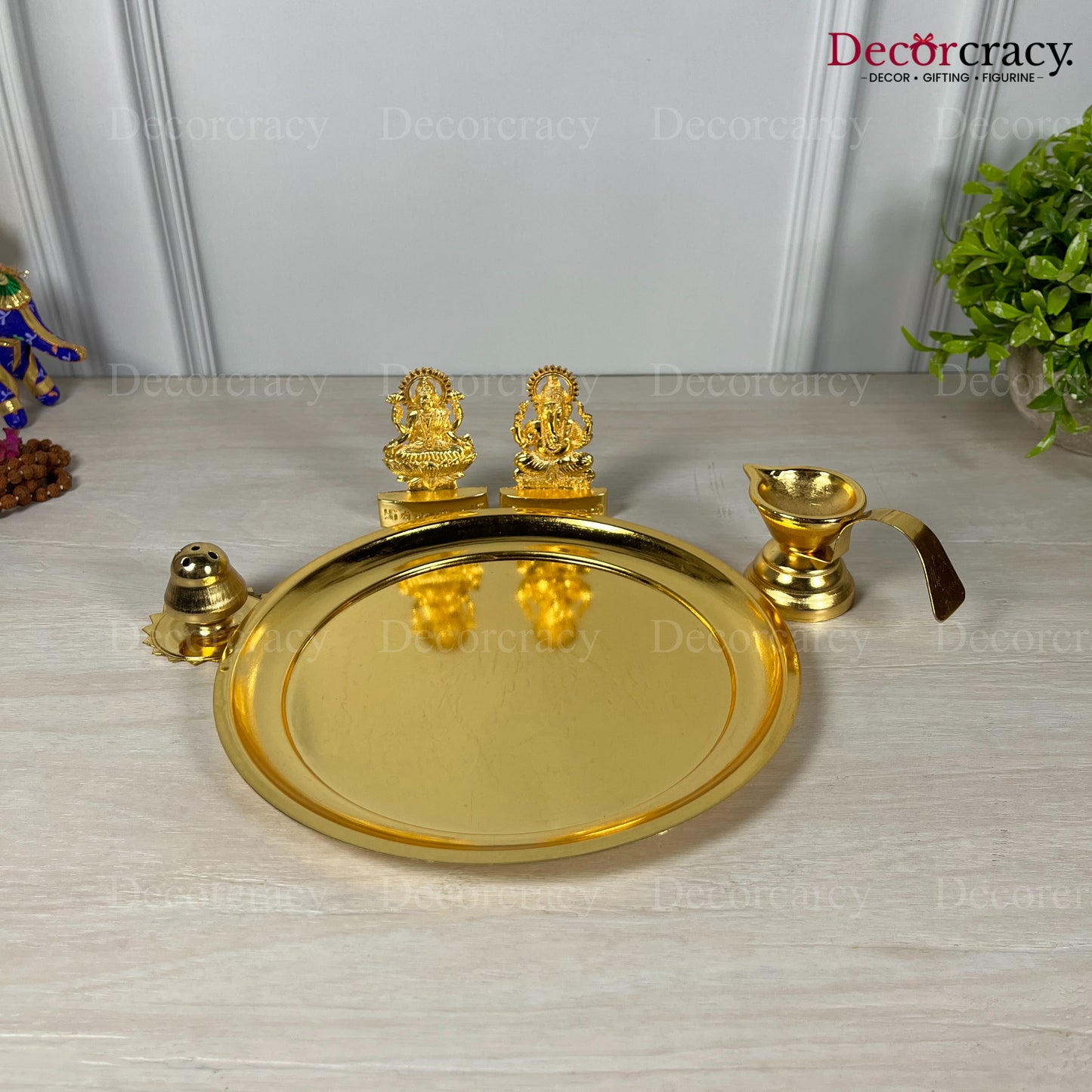 Shree Lakshmi Ganesh Pooja Thali with Diya Deepak Agarbatti Stand Metal Golden SP