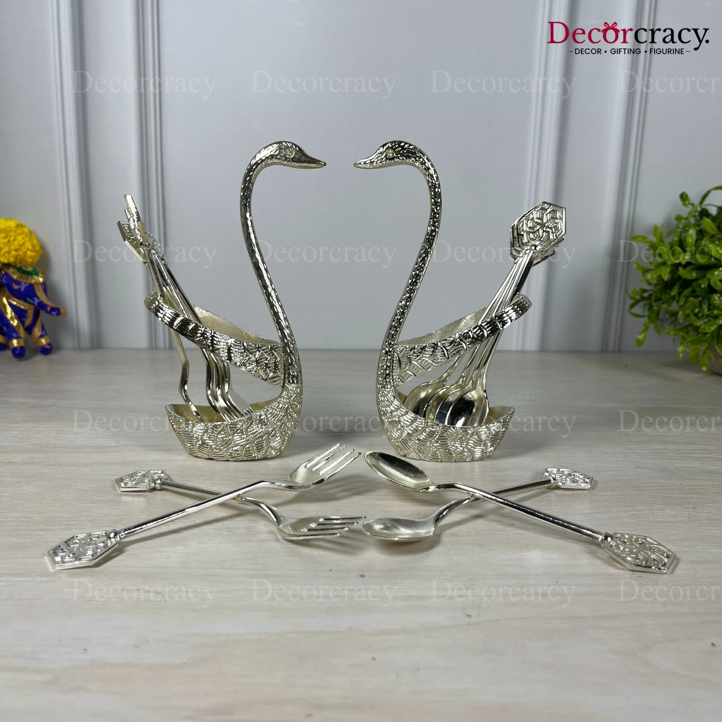 Swan Duck Spoon Fork Stand Set for Dining Table Silver