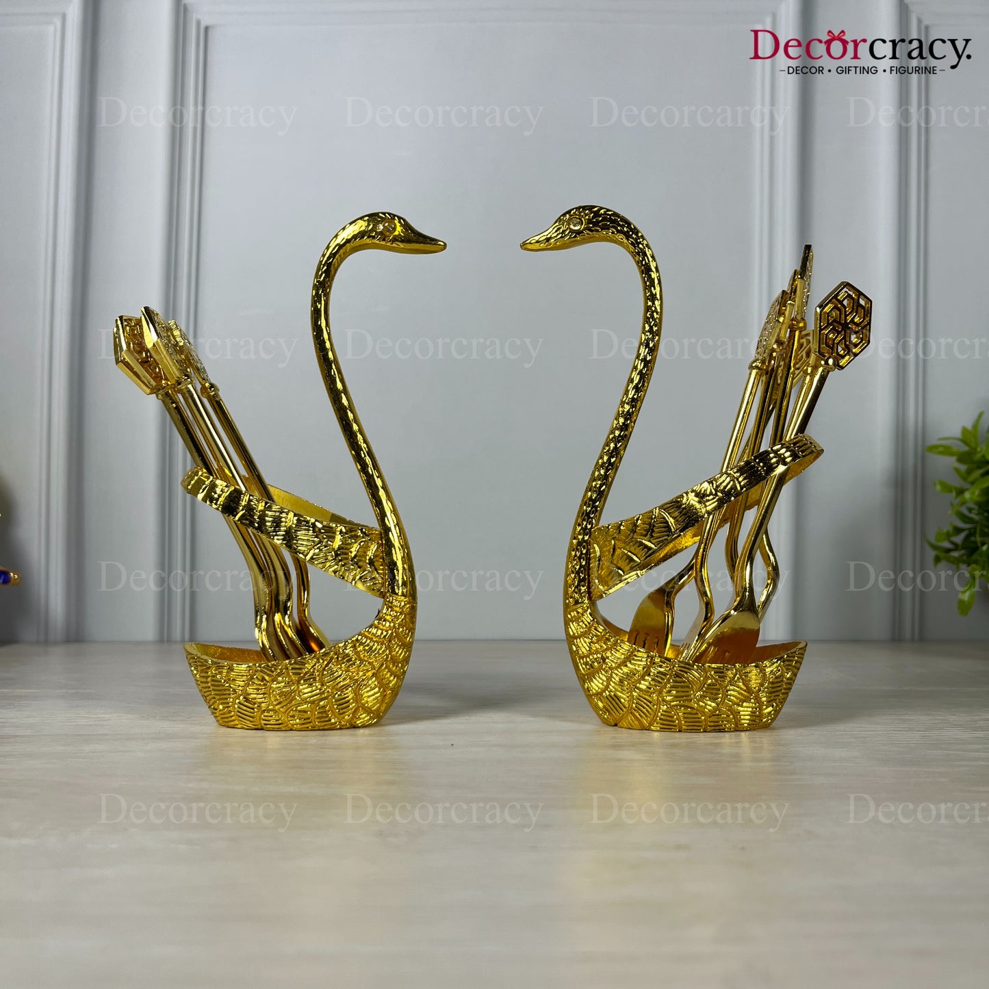 Swan Duck Spoon Fork Stand Set for Dining Table Golden