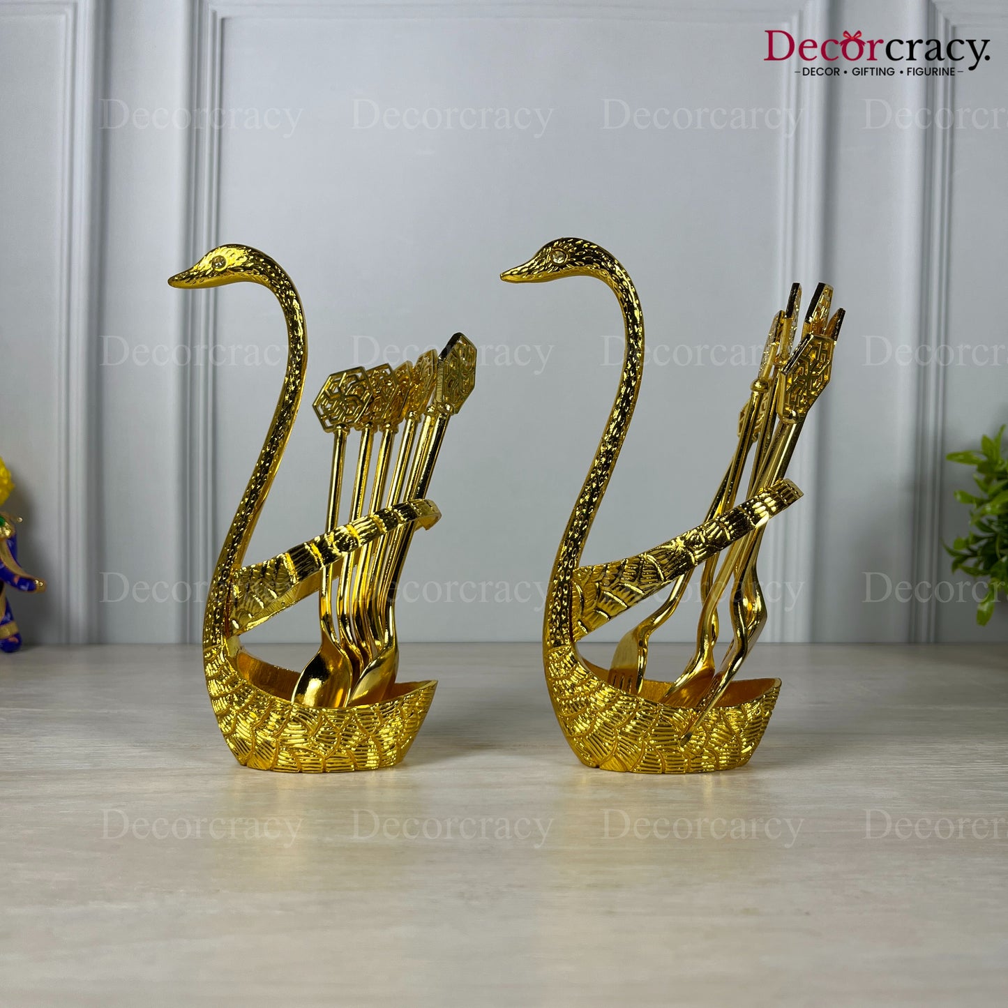 Swan Duck Spoon Fork Stand Set for Dining Table Golden