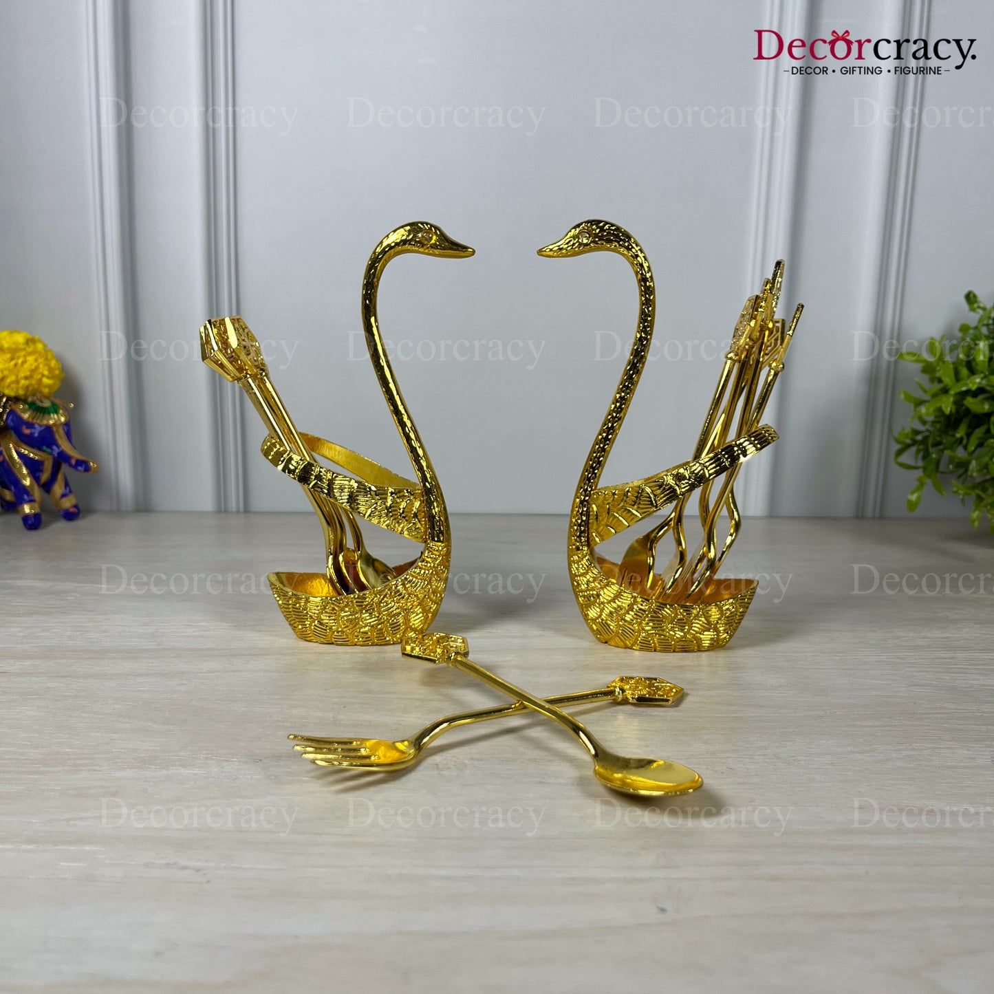 Swan Duck Spoon Fork Stand Set for Dining Table Golden