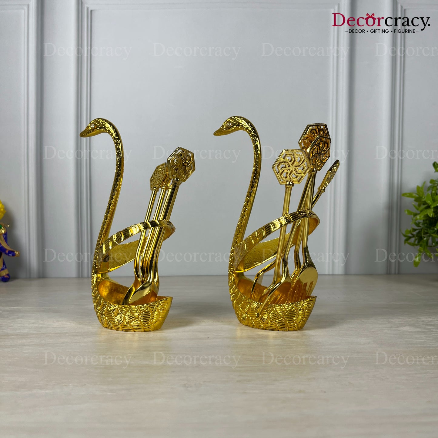 Swan Duck Spoon Fork Stand Set for Dining Table Golden