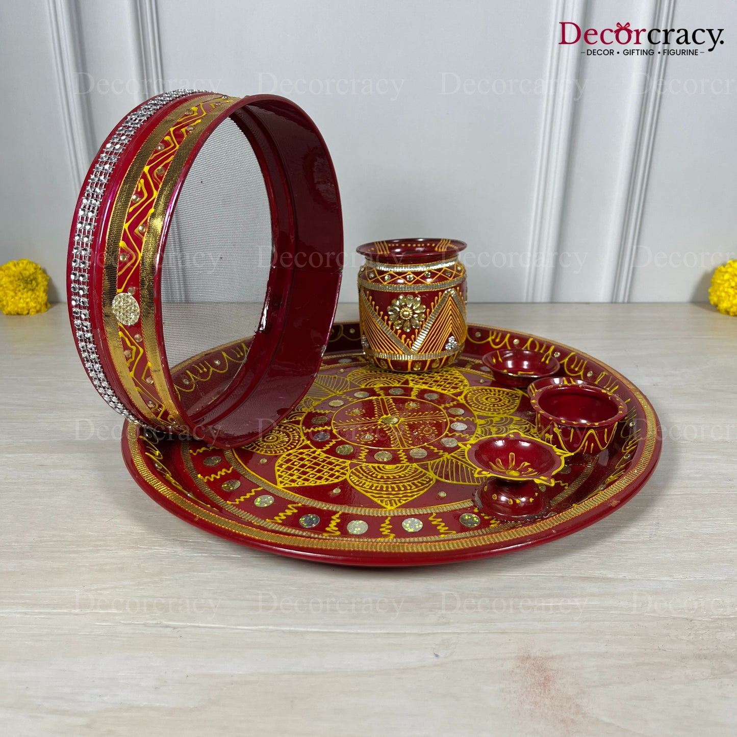 Red Karwa Chout Chot Pooja Karwa Lota Kalash Diya Channi Thali Steel Set 12"