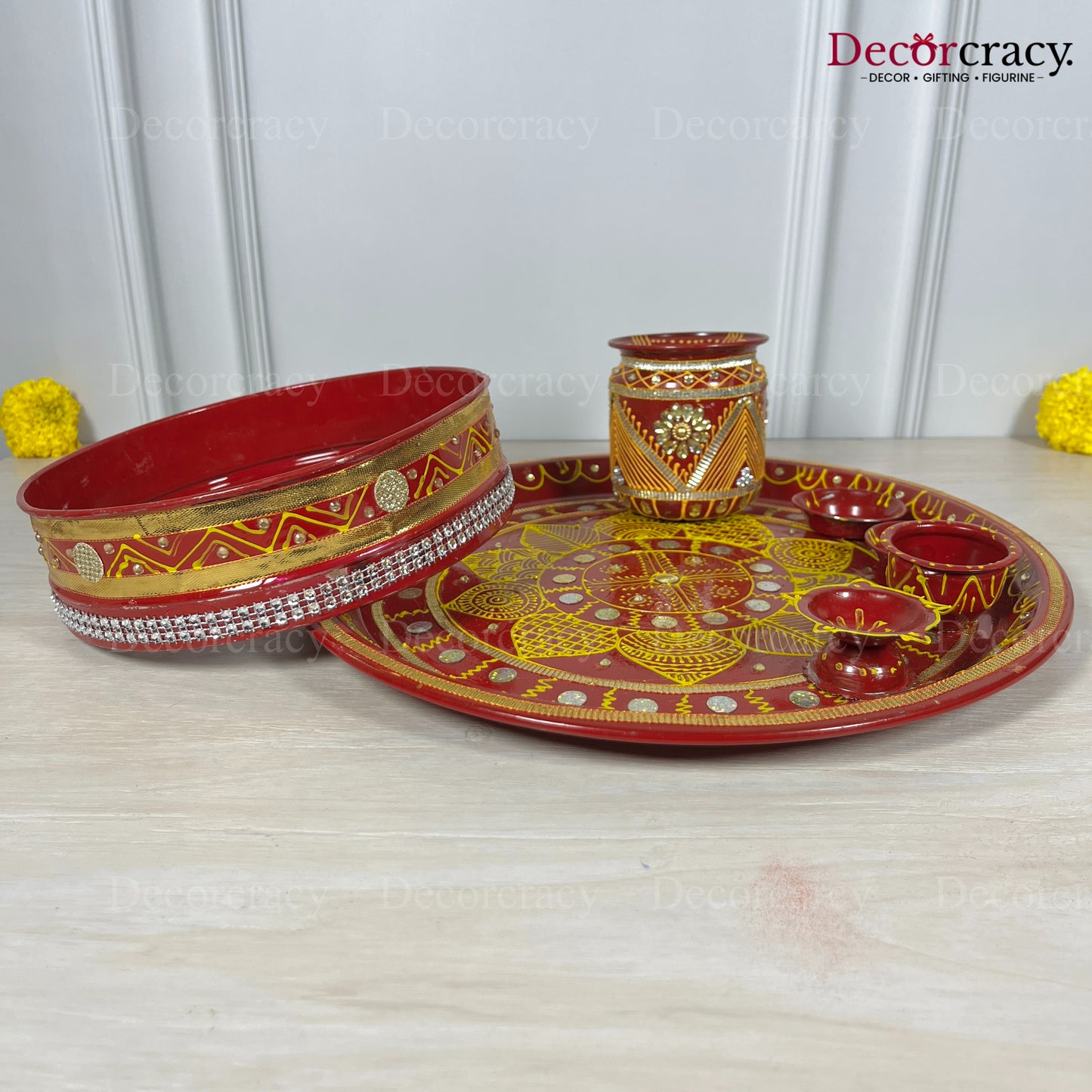 Red Karwa Chout Chot Pooja Karwa Lota Kalash Diya Channi Thali Steel Set 12"