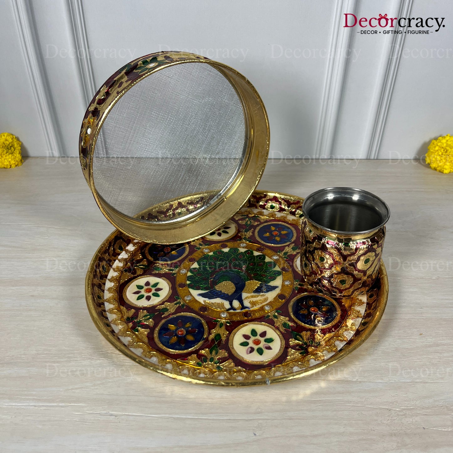Golden Karwa Chout Full Meenakari Chot Pooja Karwa Lota Kalash Diya Channi Thali Steel Set 12"
