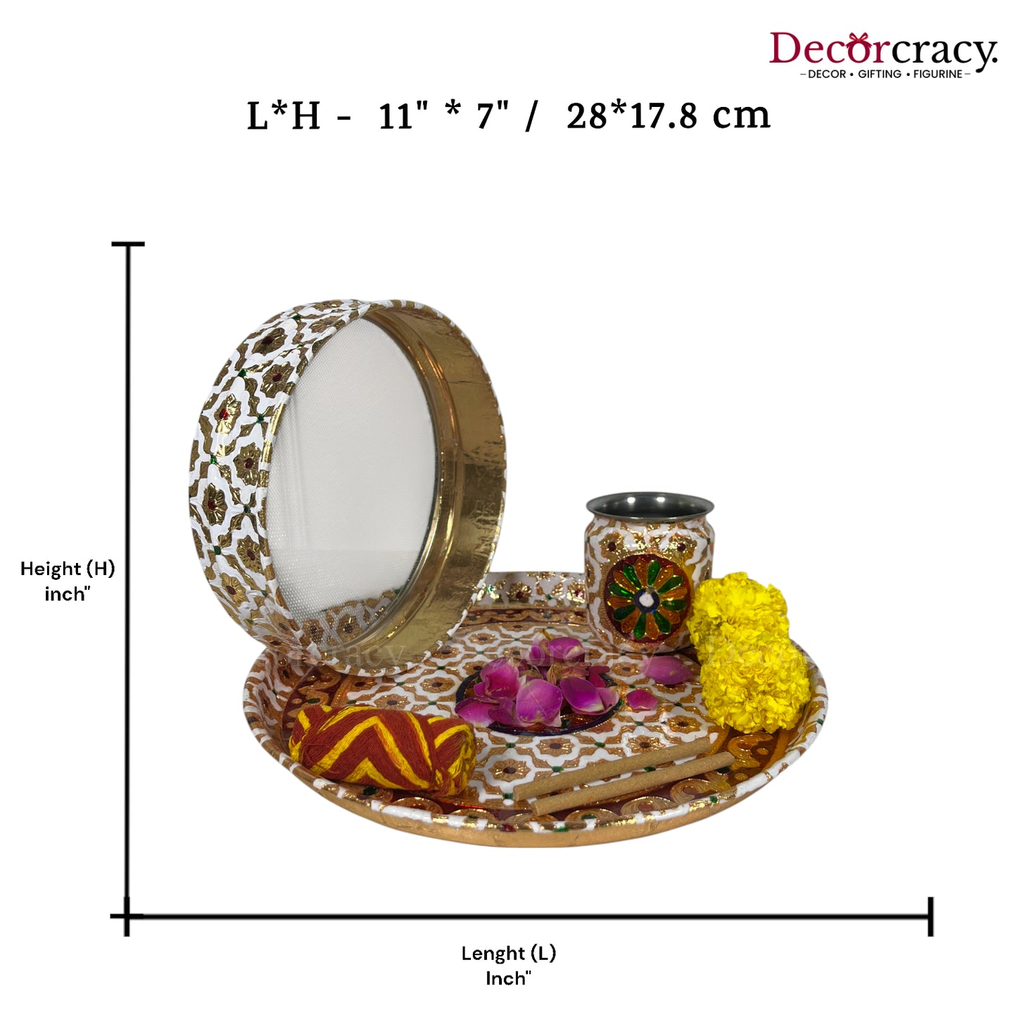 White Karwa Chout Full Meenakari Chot Pooja Karwa Lota Kalash Diya Channi Thali Steel Set 12"