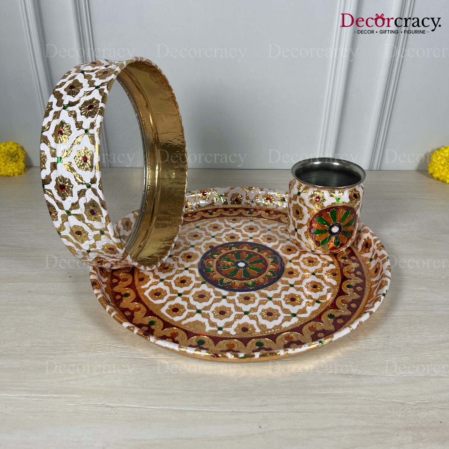 White Karwa Chout Full Meenakari Chot Pooja Karwa Lota Kalash Diya Channi Thali Steel Set 12"
