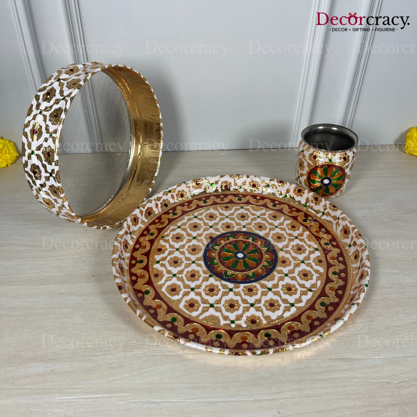 White Karwa Chout Full Meenakari Chot Pooja Karwa Lota Kalash Diya Channi Thali Steel Set 12"