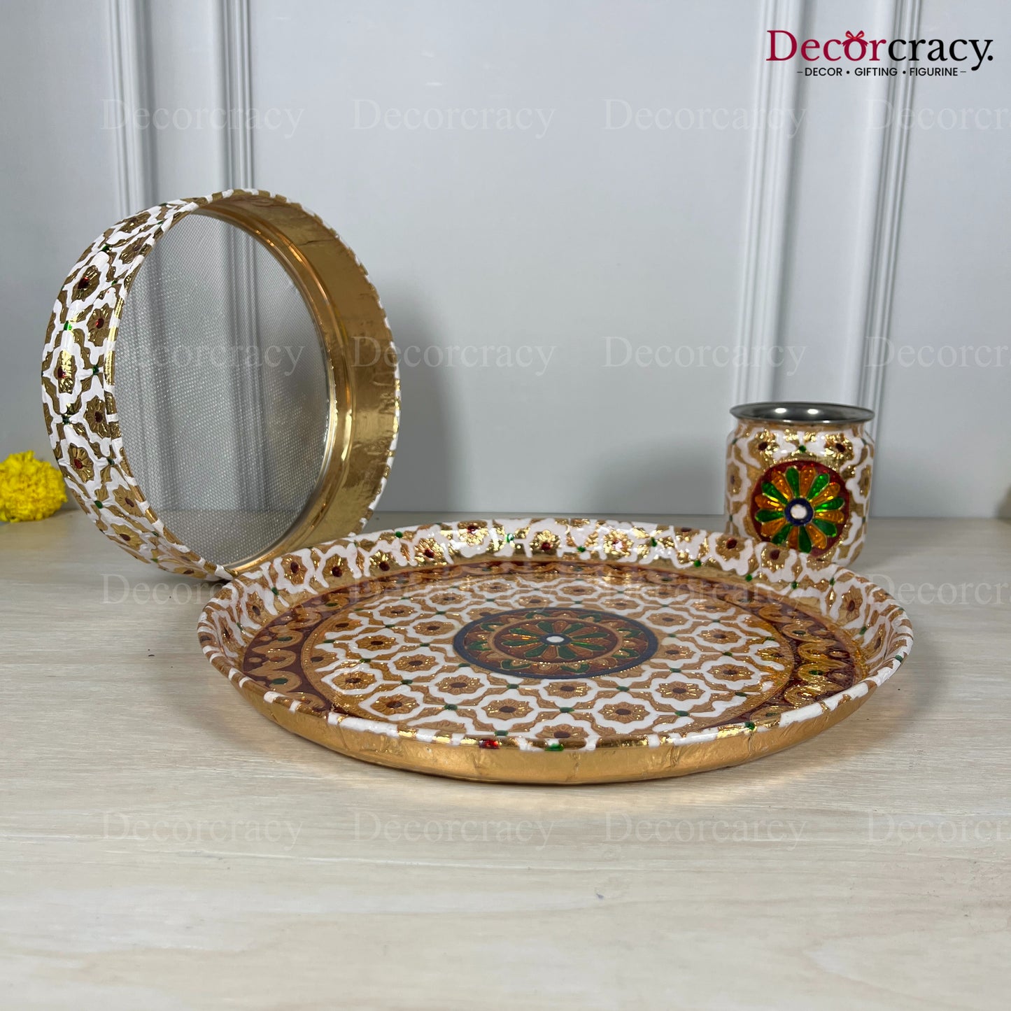 White Karwa Chout Full Meenakari Chot Pooja Karwa Lota Kalash Diya Channi Thali Steel Set 12"