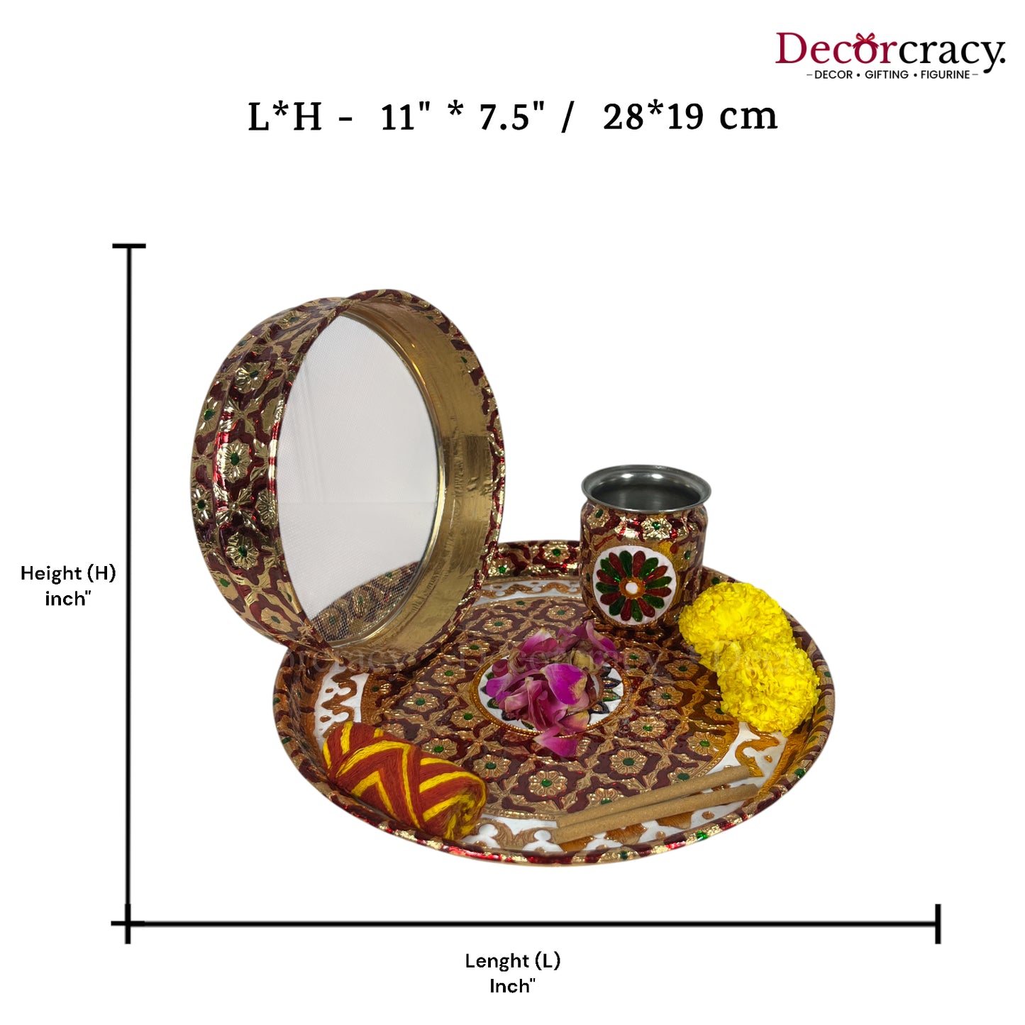 Red Karwa Chout Full Meenakari Chot Pooja Karwa Lota Kalash Diya Channi Thali Steel Set 12"