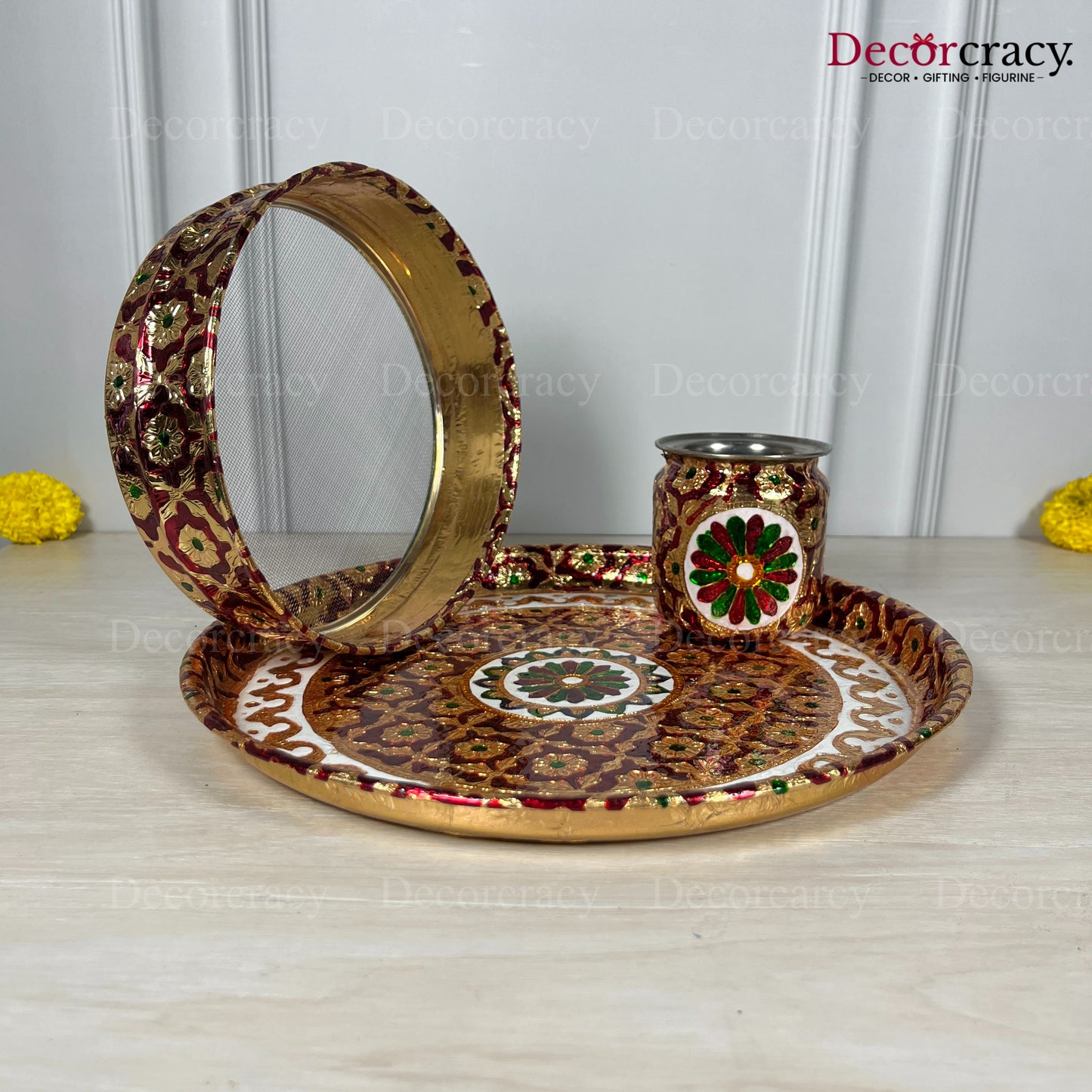 Red Karwa Chout Full Meenakari Chot Pooja Karwa Lota Kalash Diya Channi Thali Steel Set 12"