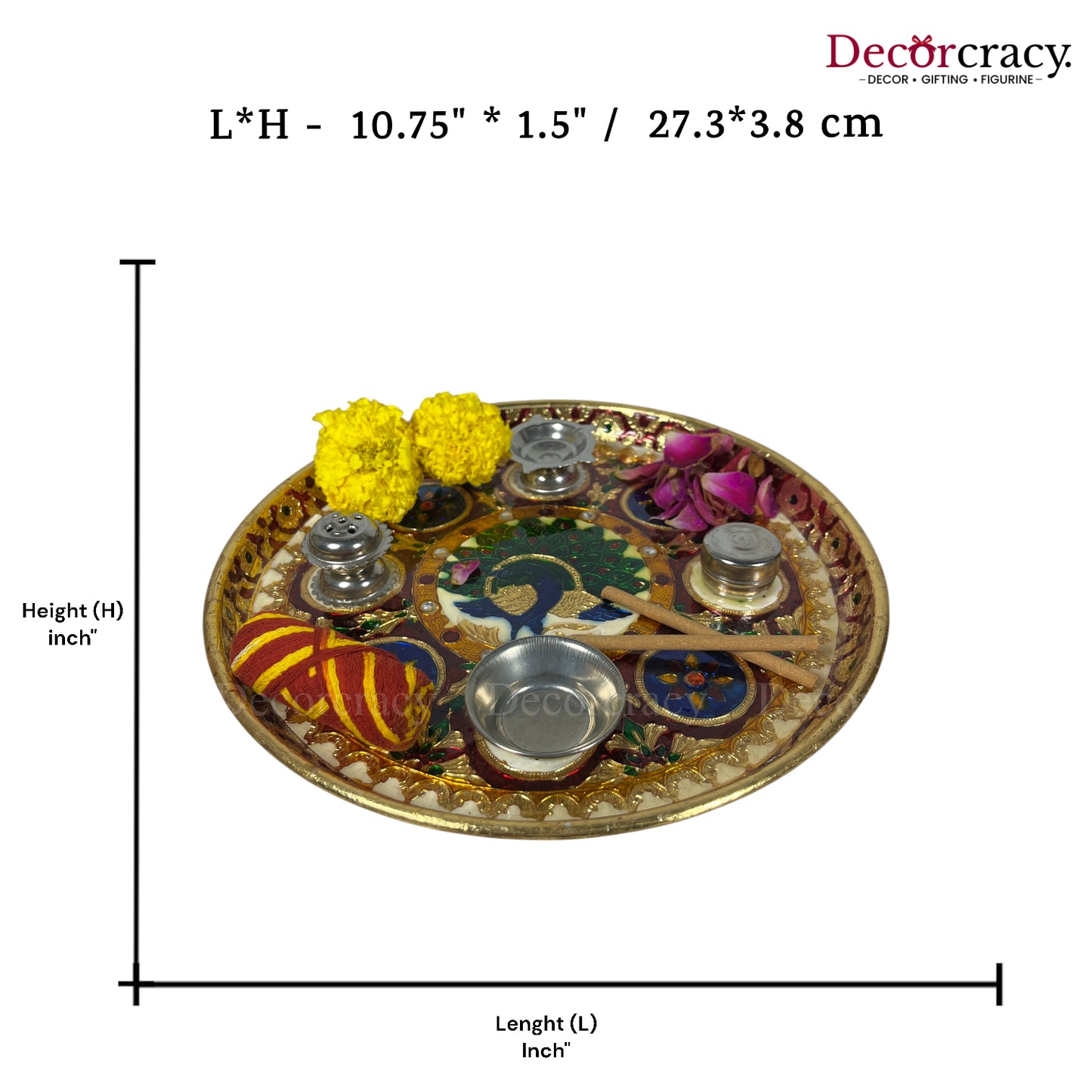 Golden Pooja Steel Full Meenakari Aarti Thali Deepak Agarbatti Stand Storage Dibbi 11"