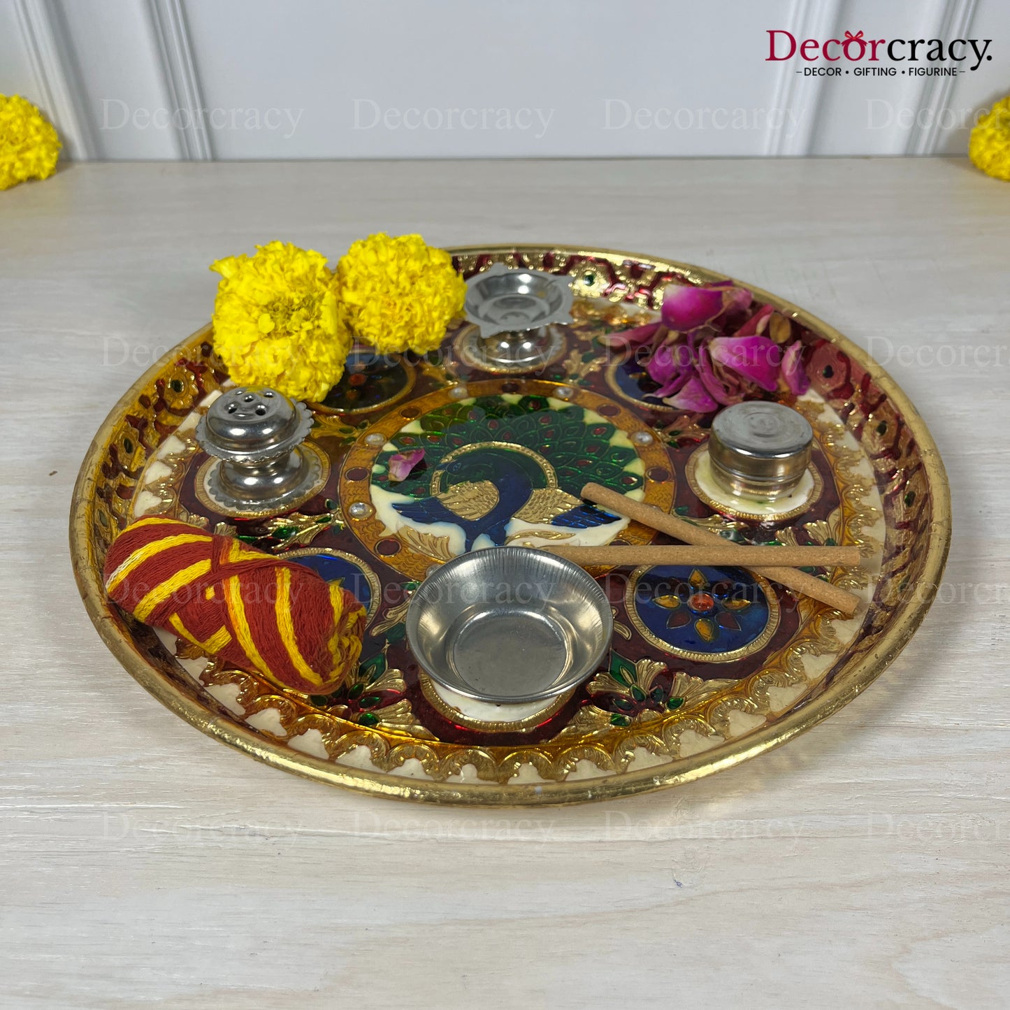 Golden Pooja Steel Full Meenakari Aarti Thali Deepak Agarbatti Stand Storage Dibbi 11"