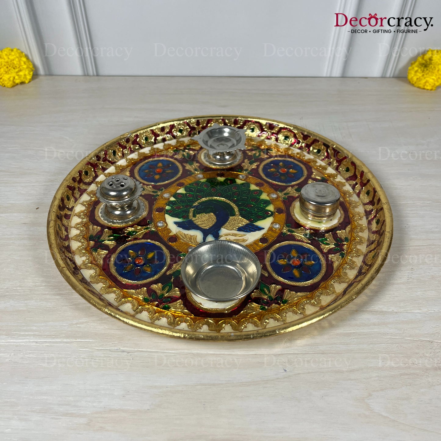 Golden Pooja Steel Full Meenakari Aarti Thali Deepak Agarbatti Stand Storage Dibbi 11"