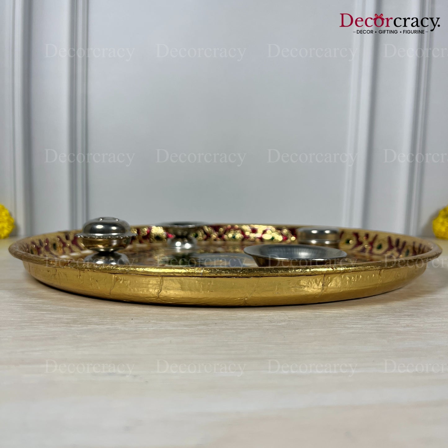 Golden Pooja Steel Full Meenakari Aarti Thali Deepak Agarbatti Stand Storage Dibbi 11"