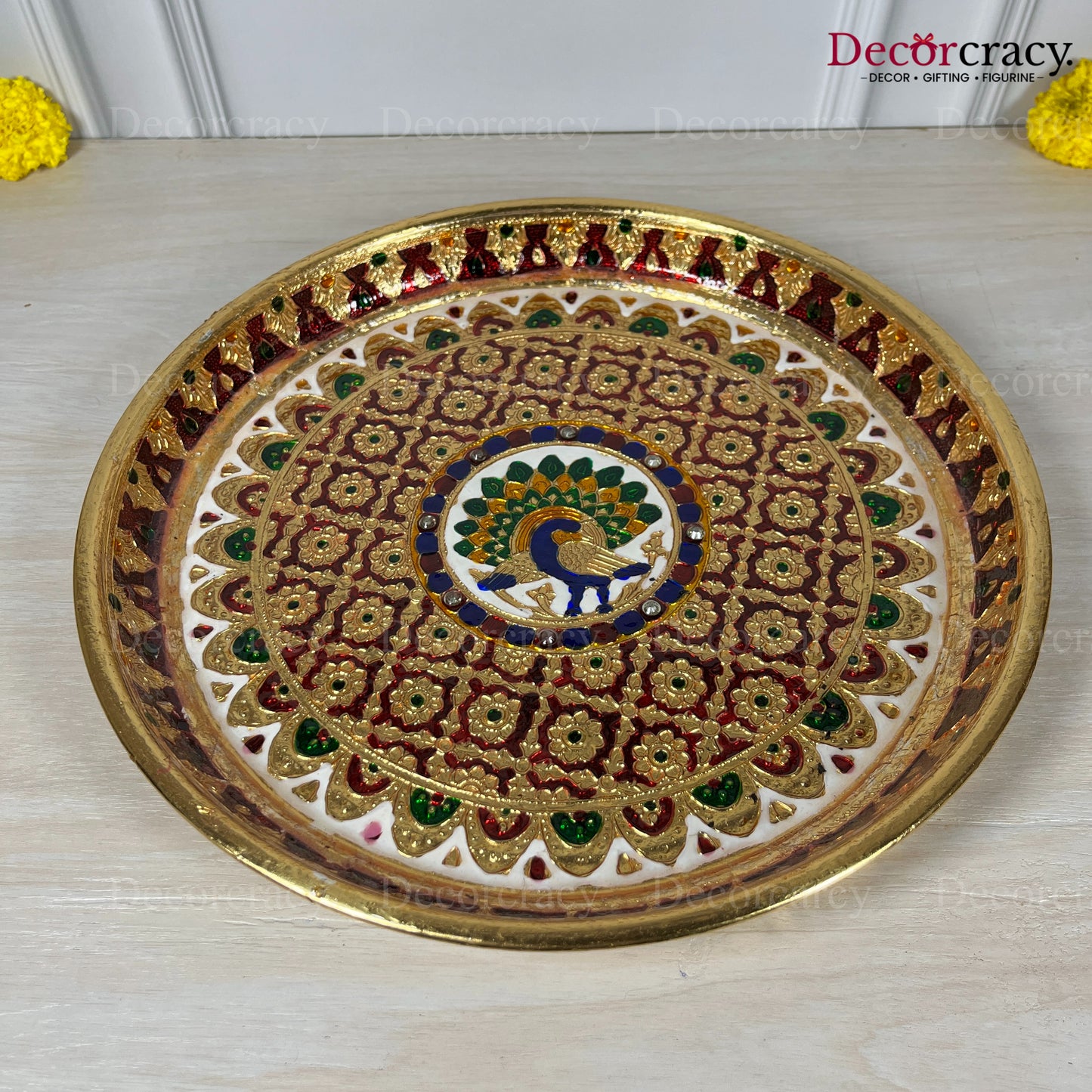 Golden Pooja Steel Full Meenakari Aarti Plain Thali 13"