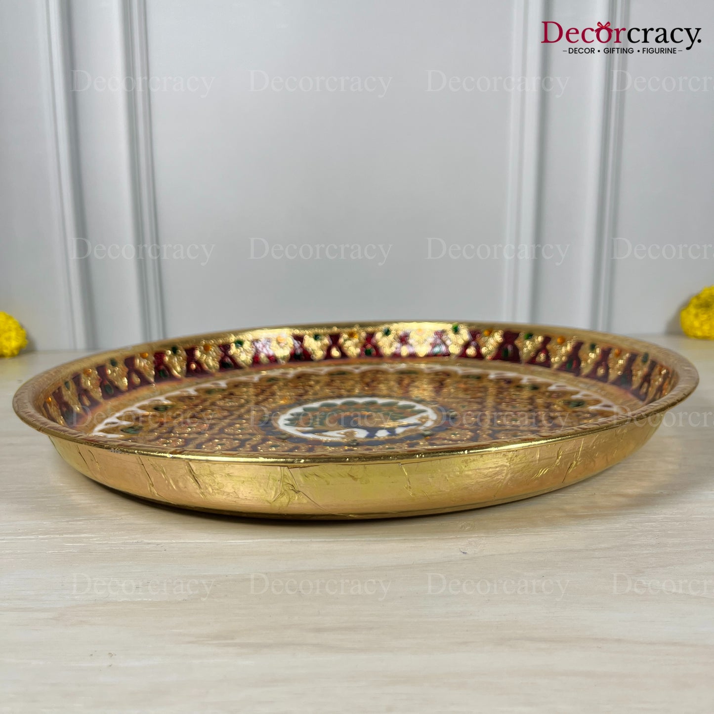 Golden Pooja Steel Full Meenakari Aarti Plain Thali 13"