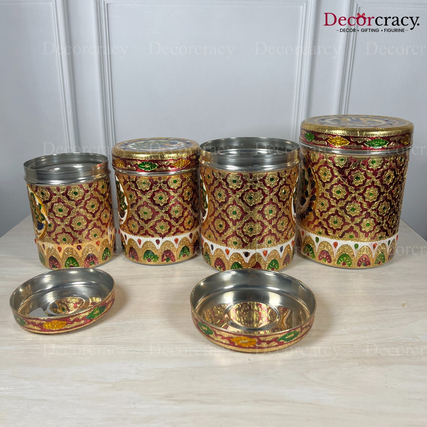 4pc Stainless Steel Storage Meenakari Peacock Design Box Golden