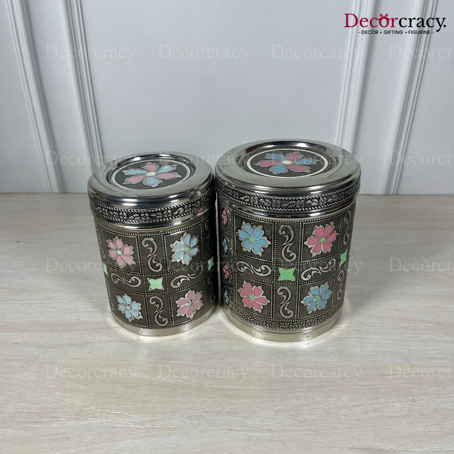 2pc Stainless Steel Storage Oxidized Design Box Silver