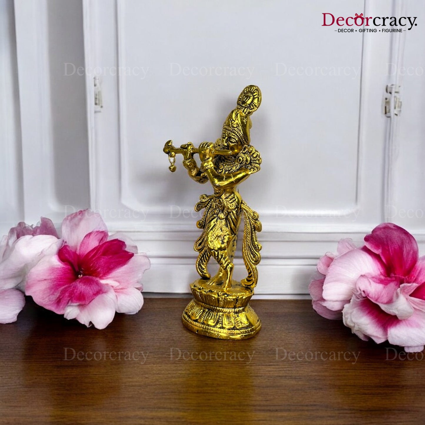 Shree Krishna playing Flute Metal golden