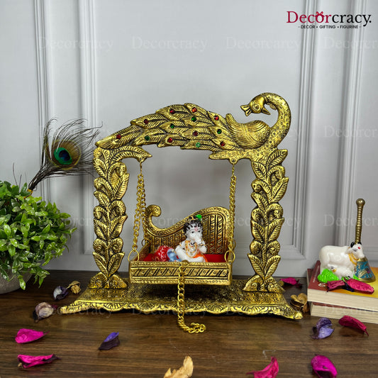 Laddu Gopal Full Peacock Jhula Metal golden
