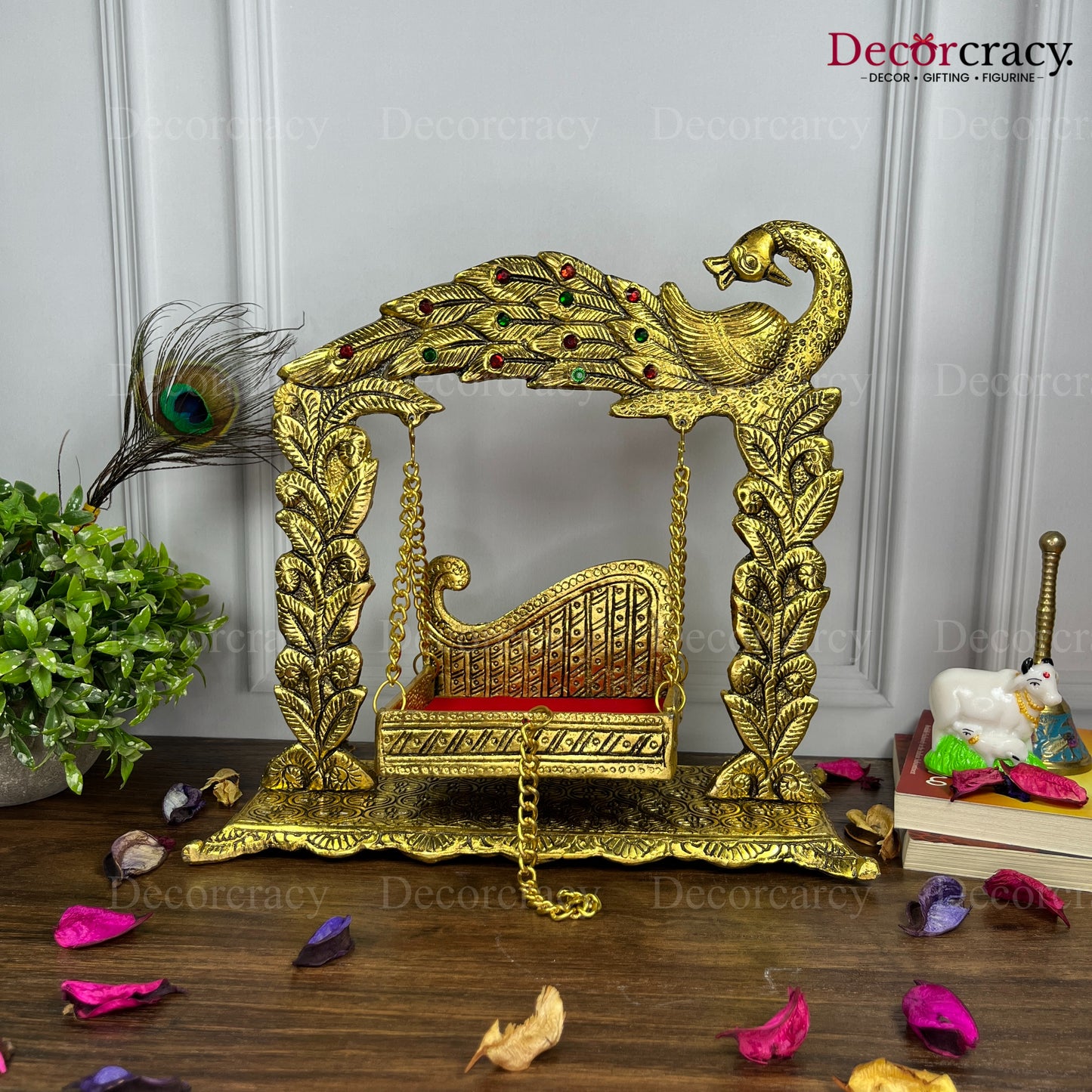Laddu Gopal Full Peacock Jhula Metal golden