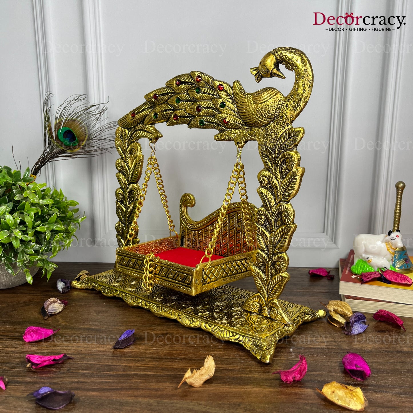 Laddu Gopal Full Peacock Jhula Metal golden
