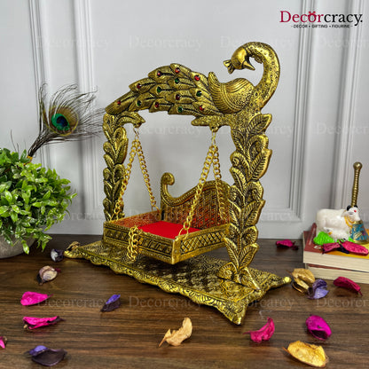 Laddu Gopal Full Peacock Jhula Metal golden