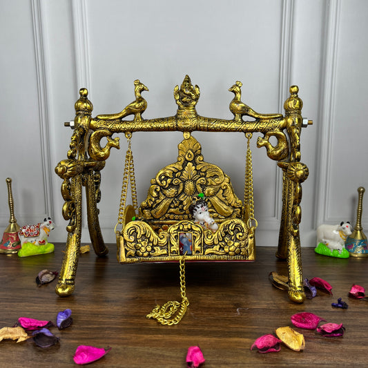 Laddu Gopal Peacock Jhula Metal golden
