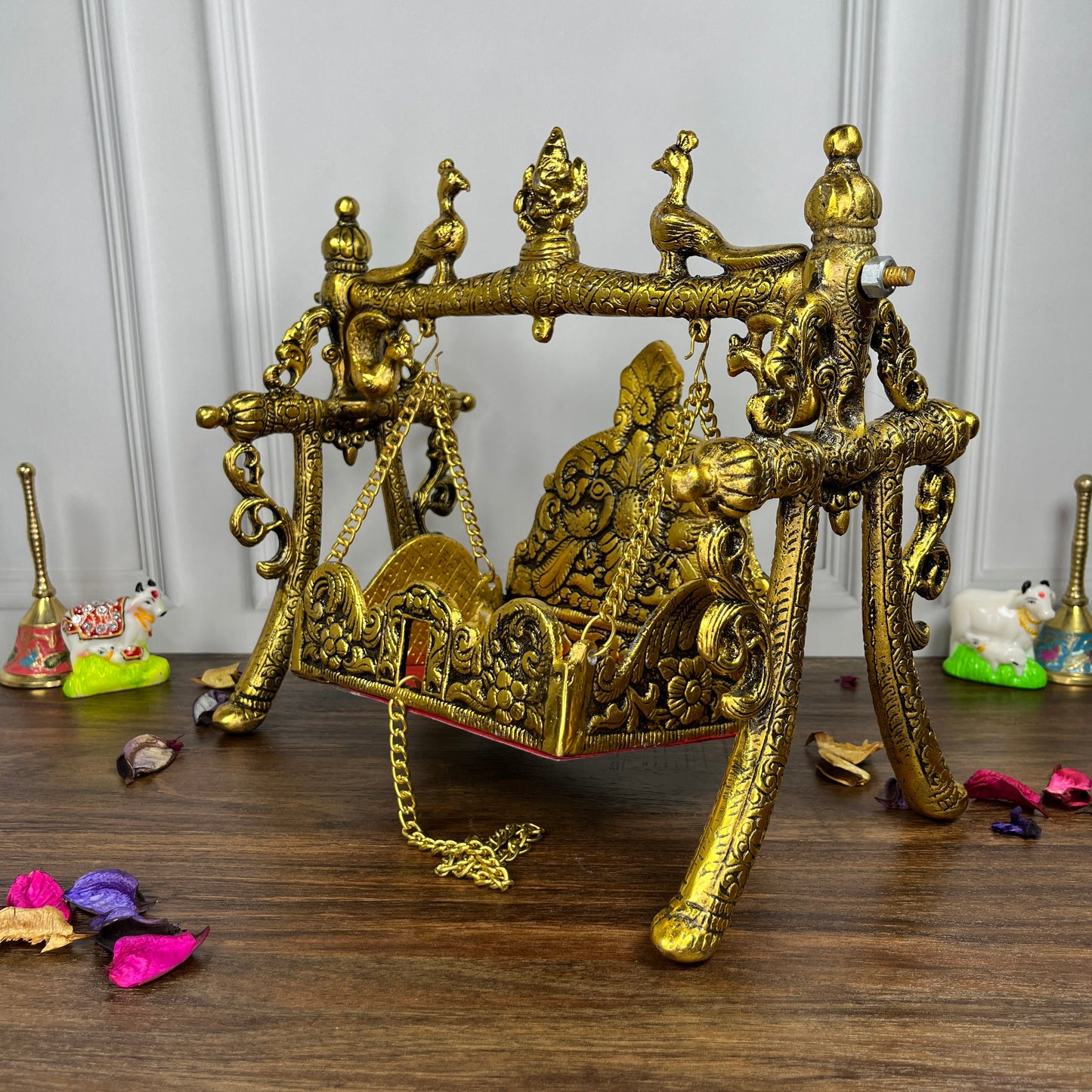 Laddu Gopal Peacock Jhula Metal golden